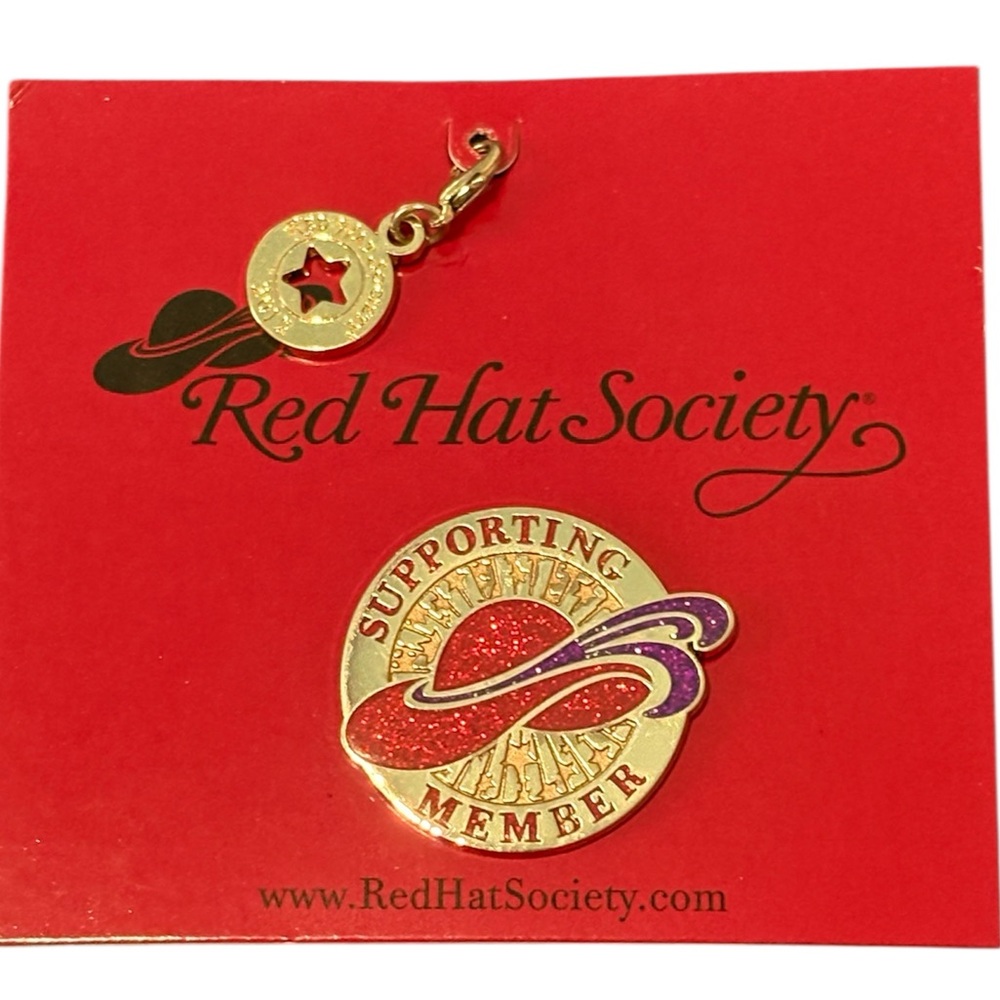 NWT Red Hat Society 2012 Supporting Member Lapel Hat Pin And Clip On Charm Set